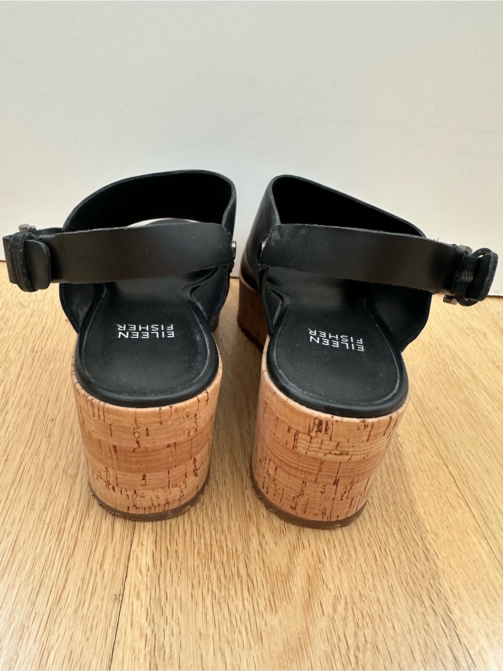 Eileen Fisher - Black Leather / Cork Platform Wedge Sandals - 7 1/2 - Picture 5 of 15